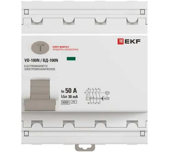 Выключатель дифференциального тока EKF PROXIMA ВД-100N 4P 50А 30мА тип AC эл-мех 6кА E1046M5030