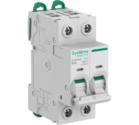 Автоматический выключатель Systeme Electric Systeme9 (АВ) D, 13A, 2P, 6kA, 400В S9F23213 1