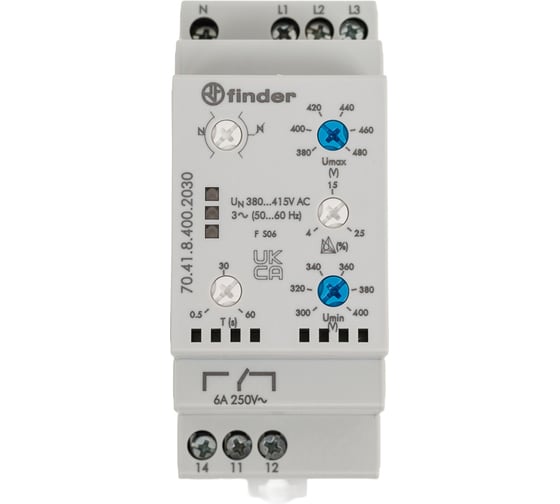 Многофункциональное реле контроля фаз Finder для трехфазных сетей 380в - 415в ас, 50/60гц, 704184002030 1