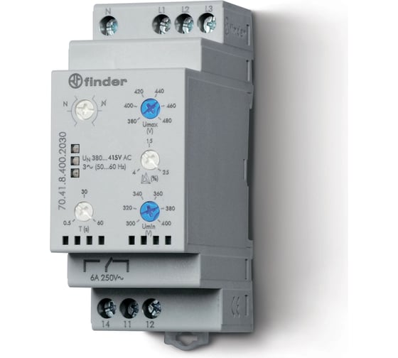 Многофункциональное реле контроля фаз Finder для трехфазных сетей 380в - 415в ас, 50/60гц, 704184002030