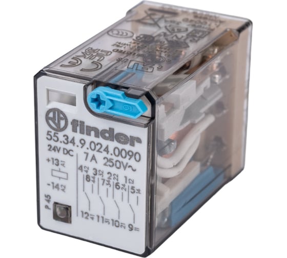 Промежуточное реле Finder 4 перекидных контакта 7А, = 24В DC, 553490240090