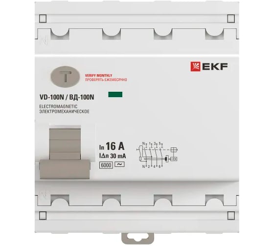 Выключатель дифференциального тока EKF ВД-100N 4P 16А 30мА тип AC эл-мех 6кА PROXIMA E1046M1630