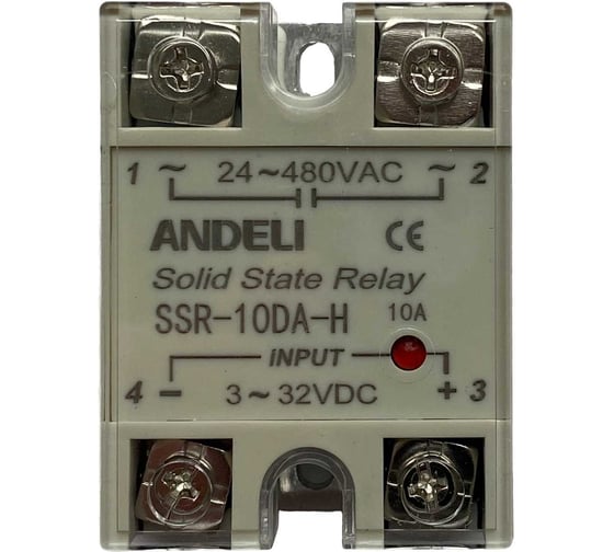 Твердотельное реле ANDELI SSR-10DA-H 10A Управляющее напряжение 3-32V DC 24-480V AC артикул ADL09-250