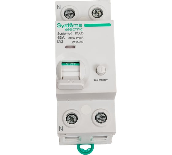 Выключатель дифференциального тока (ВДТ) Systeme Electric Systeme9 63 A, 2 P, 30 мА, Тип-A, 230 В S9R22263