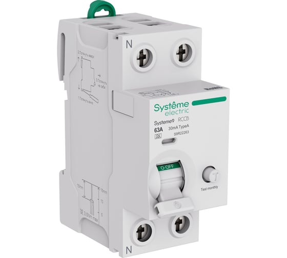 Выключатель дифференциального тока (ВДТ) Systeme9 Systeme Electric, 63 A, 2 P, 30 мА, Тип-A, 230 В S9R22263