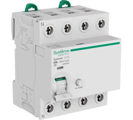 Выключатель дифференциального тока (ВДТ) Systeme Electric Systeme9 63 A, 4 P, 300 мА, Тип-A, 400 В S9R24463