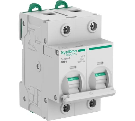Автоматический выключатель Systeme Electric Systeme9 АВ 27мм D 100A 2P 10 kA 400В S9H33291 1