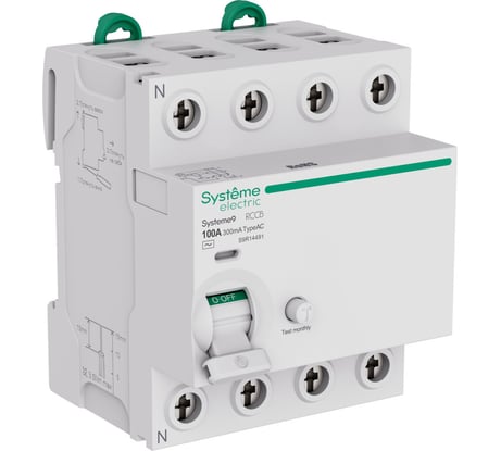 Выключатель дифференциального тока (ВДТ) Systeme Electric Systeme9 100 A, 4 P, 300 мА, Тип-AC, 400 В S9R14491