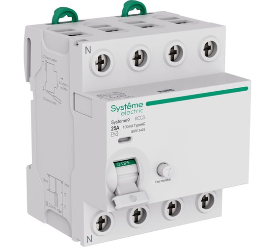Выключатель дифференциального тока Systeme Electric Systeme9 ВДТ 25A 4P 100мА Тип-AC 400В S9R13425 1