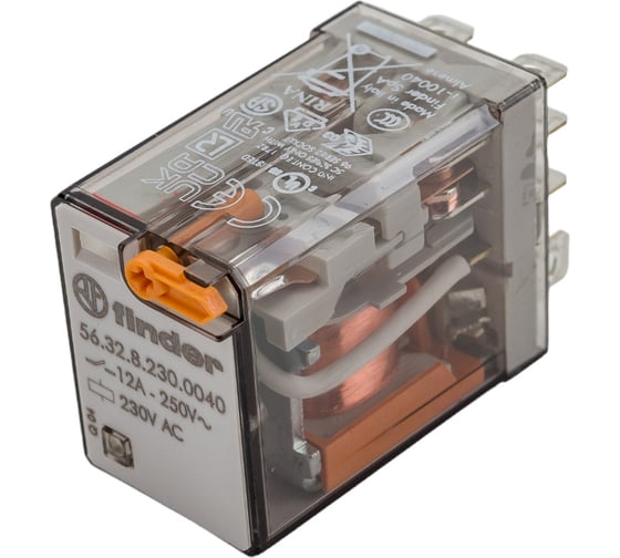 Миниатюрное силовое реле Finder 2 перекидных контакта 12А, 230В AC, 563282300040