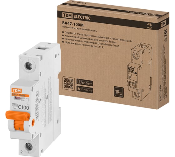 Автоматический выключатель TDM ELECTRIC ВА47-100М 1Р 100А 10кА х-ка C SQ0207-0101