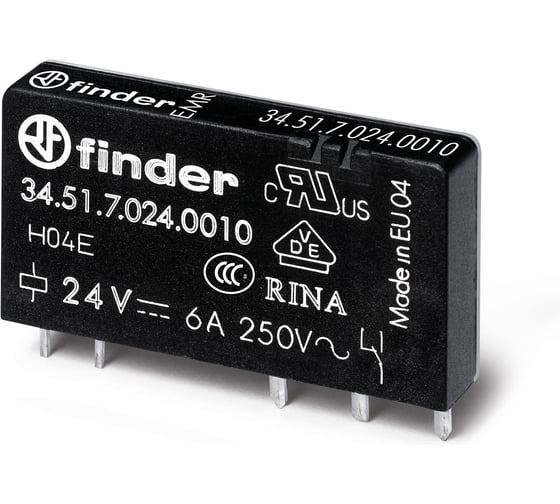 Набор Ультратонкое электромеханическое реле FINDER 345170240010 20шт; монтаж на печатную плату; 1CO 6A; контакты AgNi; катушка 24В DC (чувствит.); степень защиты RTII 345170240010V20