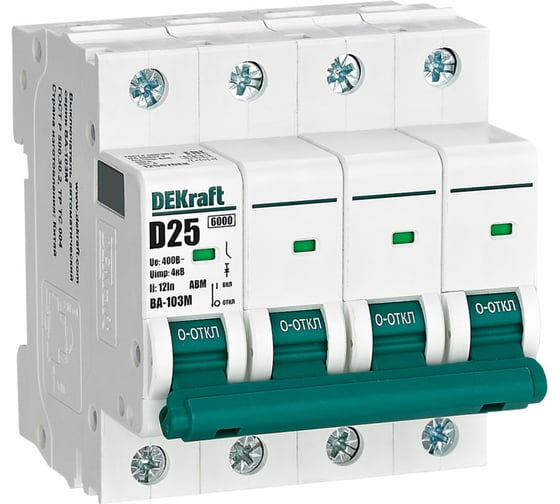 Автоматический выключатель без теплозащиты Dekraft 4P 25А характеристика D 6кА ВА-103M 12567DEK 3 шт 4680409018996 1