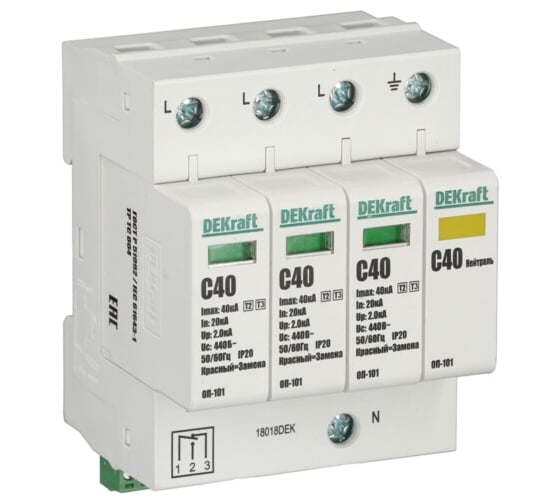 Ограничитель перенапряжений DEKraft ОП-101 4P 40кА C 420В 18018DEK 1113565 3 шт 4620007069846 1