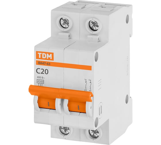 Автоматический выключатель TDM ELECTRIC ВА47-63 2Р 20А 4,5кА х-ка С SQ0218-0027