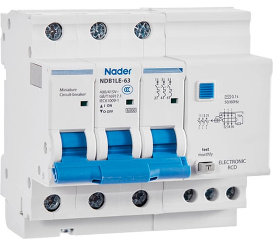 Автоматический выключатель дифференциального тока Nader NDB1LE-63C16/3P+N/30mA/AC 121300120 1