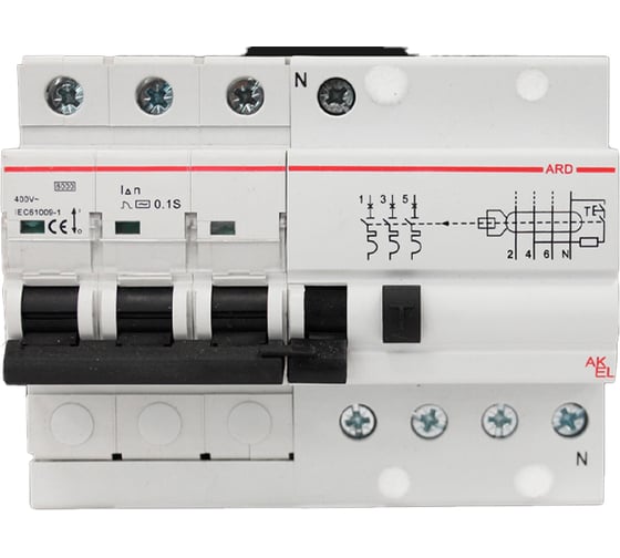 Дифференциальный автоматический выключатель AKEL АВДТ-ARD-3P+N-B50-30mA-ТипAC 3P+N/50A/B/AC/30mA/6kA 407151 1