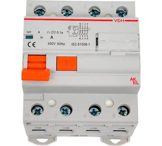 Устройство защитного отключения AKEL УЗО-VDH-4P-25A-300mA-ТипAC 4P/25A/AC/230VAC/300mA/10kA 400671 1