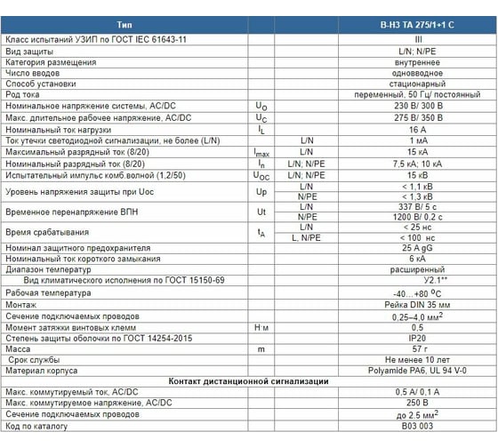 Устройство защиты от импульсных перенапряжений ХАКЕЛЬ B-H3 ТА 275/1+1 С В03003