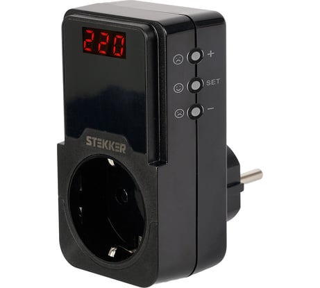 Реле напряжения для розетки регулируемое STEKKER VPR-200B, 230В, 16A, черный 50690