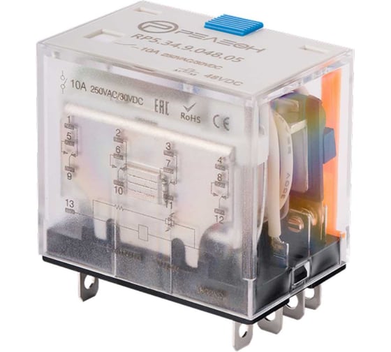 Миниатюрное силовое реле РЕЛЕОН 4 переключающих контакта 10а ;48в Dc; блокируемая кнопка, RP534904805 1