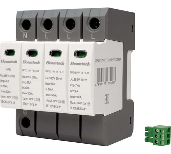 Устройство защиты импульсных перенапряжений ELCOMTECH T1T2 3+NPE 50kA 385V SPD21W-T1T2-3NPE7AC385R УТ-00039151 1