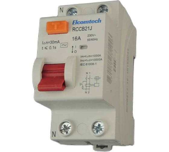 Устройство защитного отключения ELCOMTECH RCCB21J-10-1N16AC30 Модульное УЗО 1P+N 16A 30mA Type AC 2х модуль УТ-00039001
