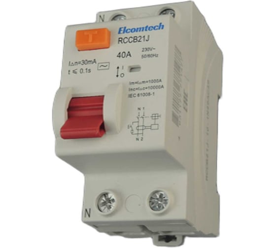 Устройство защитного отключения ELCOMTECH RCCB21J-10-1N40AC30 Модульное УЗО 1P+N 40A 30mA Type AC 2х модуль УТ-00039004