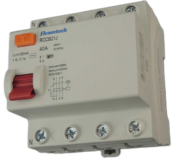 Устройство защитного отключения ELCOMTECH RCCB21J-10-3N40AC30 Модульное УЗО 3P+N 40A 30mA Type AC 4х модуль УТ-00039006