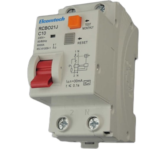 Автоматический выключатель дифференциальный ELCOMTECH RCBO21J-6-1NС10-A30 модульный выключатель 1P+N 10A C 6kA 30mA Type A 2х модуль УТ-00039023