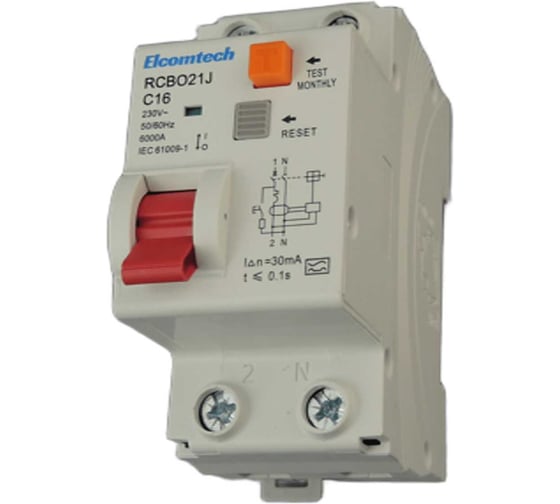 Автоматический выключатель дифференциальный ELCOMTECH RCBO21J-6-1NС16-A30 модульный выключатель 1P+N 16A C 6kA 30mA Type A 2х модуль УТ-00039024