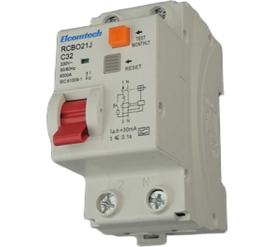 Автоматический выключатель дифференциальный ELCOMTECH RCBO21J-6-1NC32-A30 модульный выключатель 1P+N 32A C 6kA 30mA Type A 2х модуль УТ-00039027