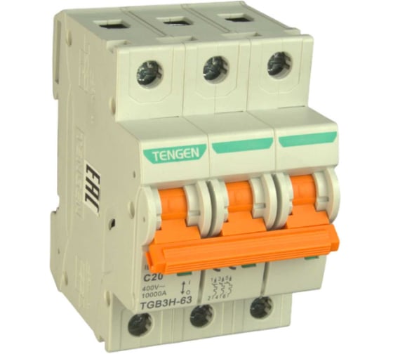 Автоматический выключатель миниатюрный TENGEN TGB3H-63-3PC20 модульный выключатель 3P 20A C 10kA 3х модуль УТ-00027576