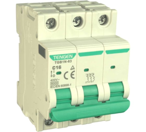 Автоматический выключатель миниатюрный TENGEN TGB1N-63-3PC16 модульный выключатель 3P 16A C 6kA 3х модуль УТ-00026932
