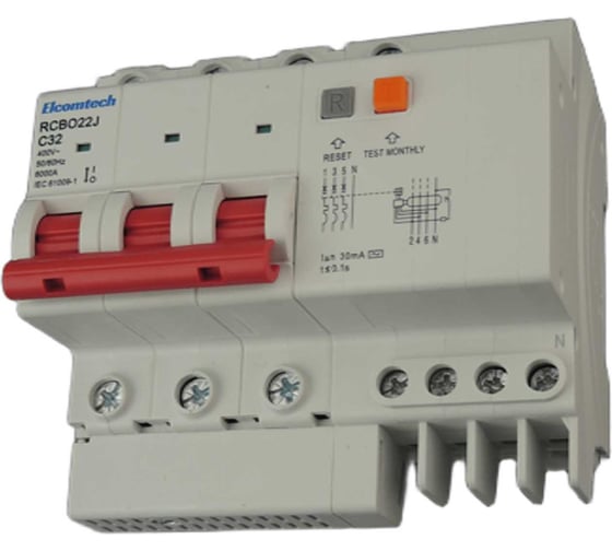 Автоматический выключатель дифференциальный ELCOMTECH RCBO22J-6-3NC32-AC30 Модульный выключатель 3P+N 32A C 6kA 30mA Type AС 5,5х модуль УТ-00039029
