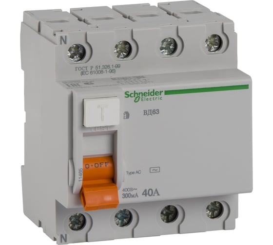 Дифференциальный выключатель нагрузки Systeme Electric Домовой ВД63 УЗО 4P 40A 300мА AC SE 11465 1