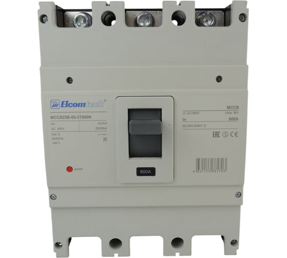 Автоматический выключатель в литом корпусе ELCOMTECH MCCB25B-65-3T800N, 3P 800A 65kA, с термомагнитным расцепителем УТ-00033924