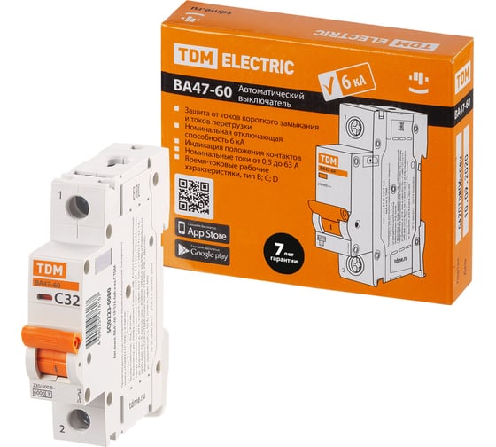 Автоматический выключатель TDM ELECTRIC ВА47-60 1Р 32А 6кА характеристика С SQ0223-0080