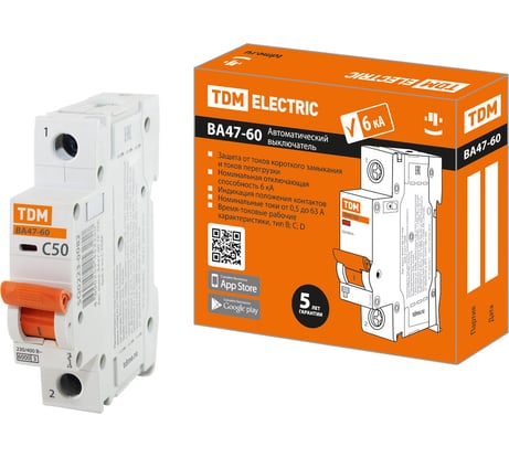 Автоматический выключатель TDM ELECTRIC ВА47-60 1Р 50А 6кА характеристика С SQ0223-0082