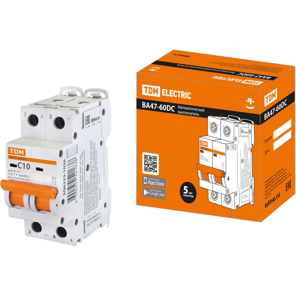 Автоматический выключатель TDM ВА47-60DC 2P 10А 6кА характеристика С ...