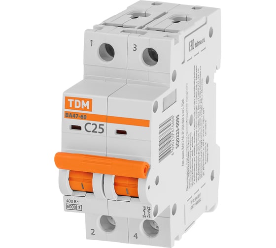Автоматический выключатель TDM ELECTRIC ВА47-60 2Р 25А 6кА характеристика С SQ0223-0095 1
