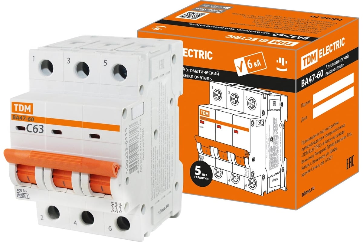 Автоматический выключатель TDM ВА47-60 3Р 63А 6кА характеристика С ...