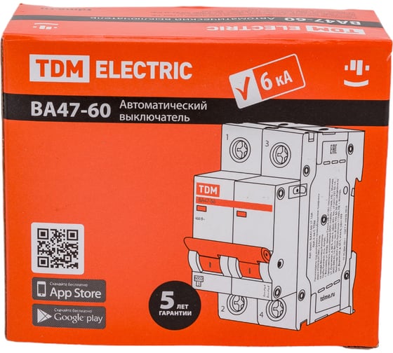 Автоматический выключатель TDM ELECTRIC ВА47-60 2Р 40А 6кА характеристика С SQ0223-0097