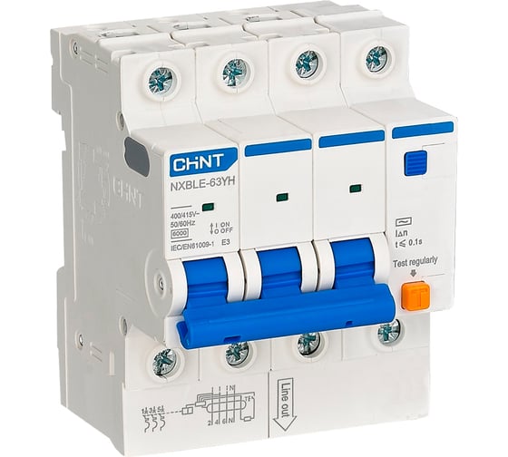 Автоматический выключатель дифференциального тока CHINT АВДТ NXBLE-63YH 3P D10 300мА тип AC 6кА, электронный (R) (упаковка 3 шт.) 539696