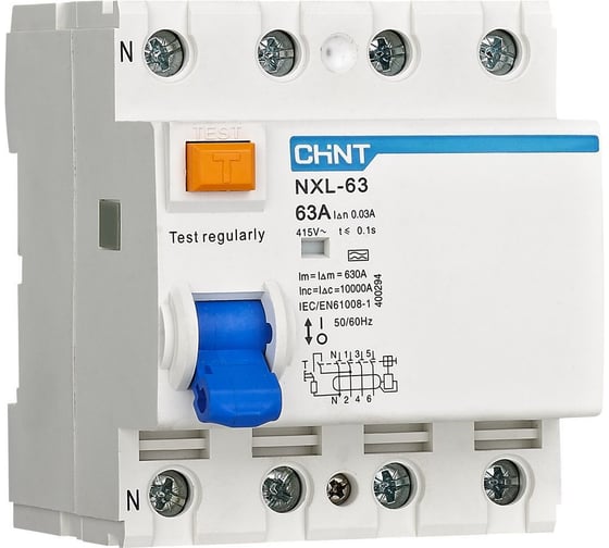 Выключатель дифференциального тока (УЗО) CHINT NXL-63 4P 25А 30мА 6кА тип AC AX (R) 400236
