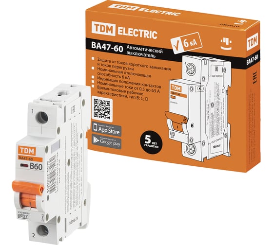 Автоматический выключатель TDM ELECTRIC ВА47-60 1Р, 63А, 6кА, характеристика В SQ0223-0016