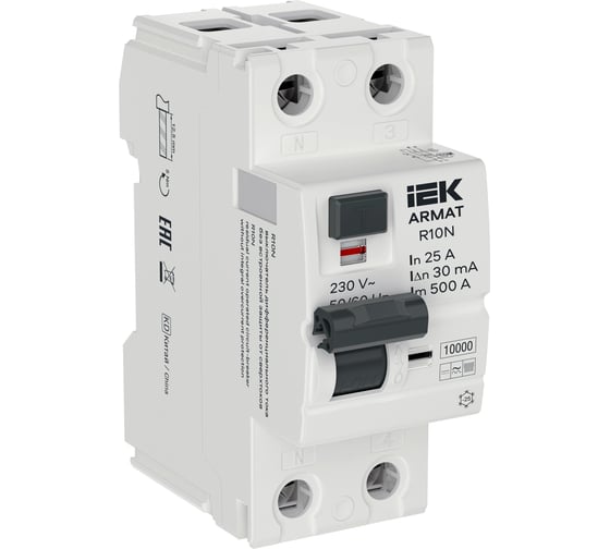 Выключатель дифференциального тока IEK ARMAT R10N 2P 25А 30мА тип B AR-R10N-2-025B030