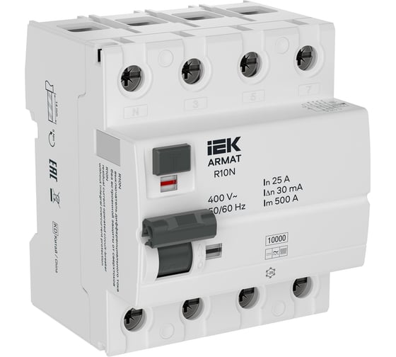 Выключатель дифференциального тока IEK ARMAT R10N 4P 25А 30мА тип B AR-R10N-4-025B030