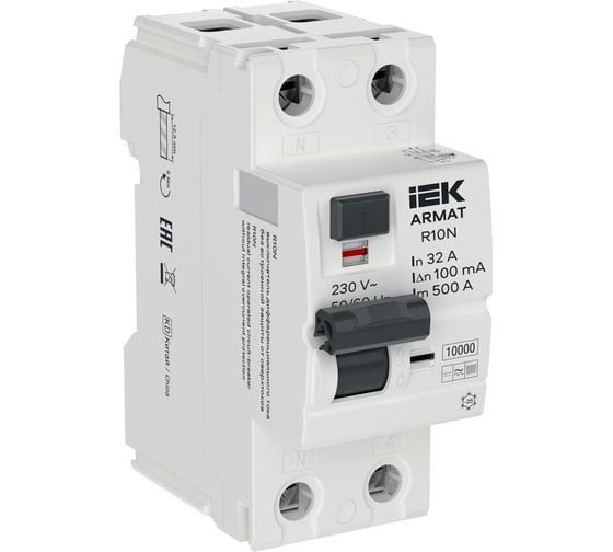 Выключатель дифференциального тока IEK ARMAT R10N 2P 32А 100мА тип B AR-R10N-2-032B100