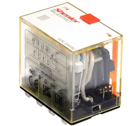 Реле Shenler НТК Приборэнерго, 4CO, 10A,(250VAC/30VDC),24VAC, мех. индикация, тест-кнопка с блокировкой, LED RKL4CO524LT 1